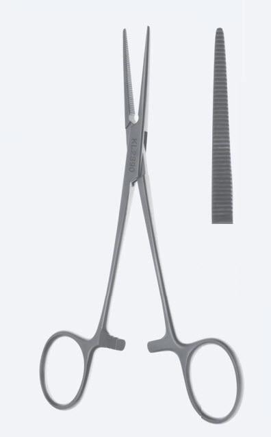 Зажими, хірургічні, гемостатичні, Crile, делікатні, прямі, зубчаті щелепи, з кремальєрою, загальна довжина 140 мм. Бренд - Asanus Medizintechnik Gmb, Німеччина